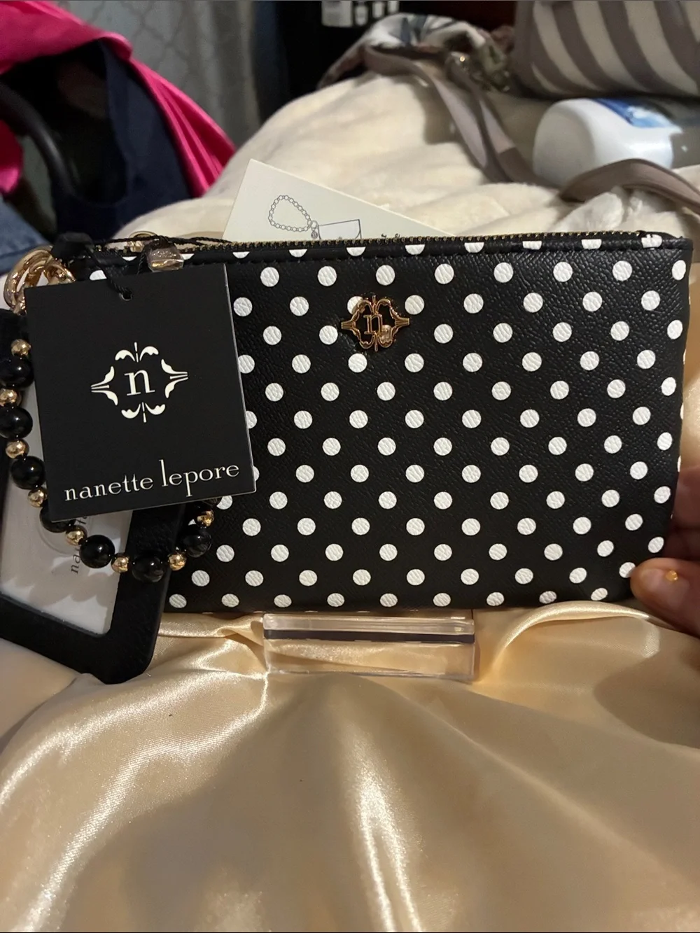Nanette Lepore Black & White Polka Dot Wristlet Bundles with Gold Accent - Picture 1 of 3